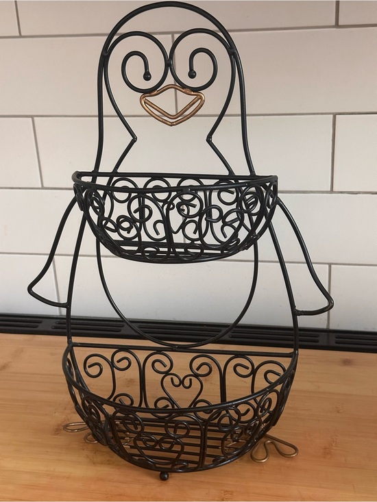None Other - Penguin Black & Gold Two-Tier Fruit & Snack Basket